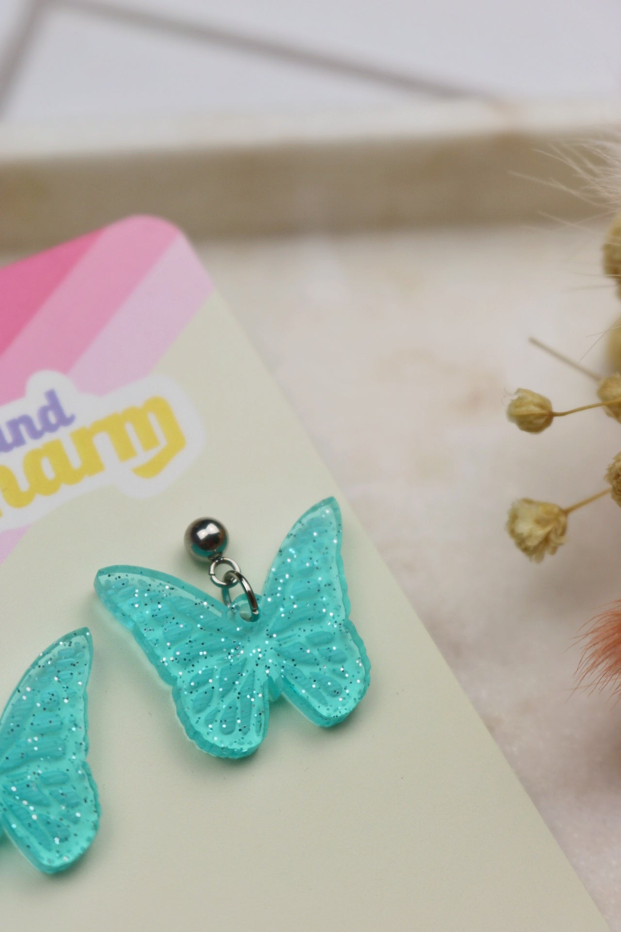 Blue Glitter Sparkly Acrylic Butterfly Earrings