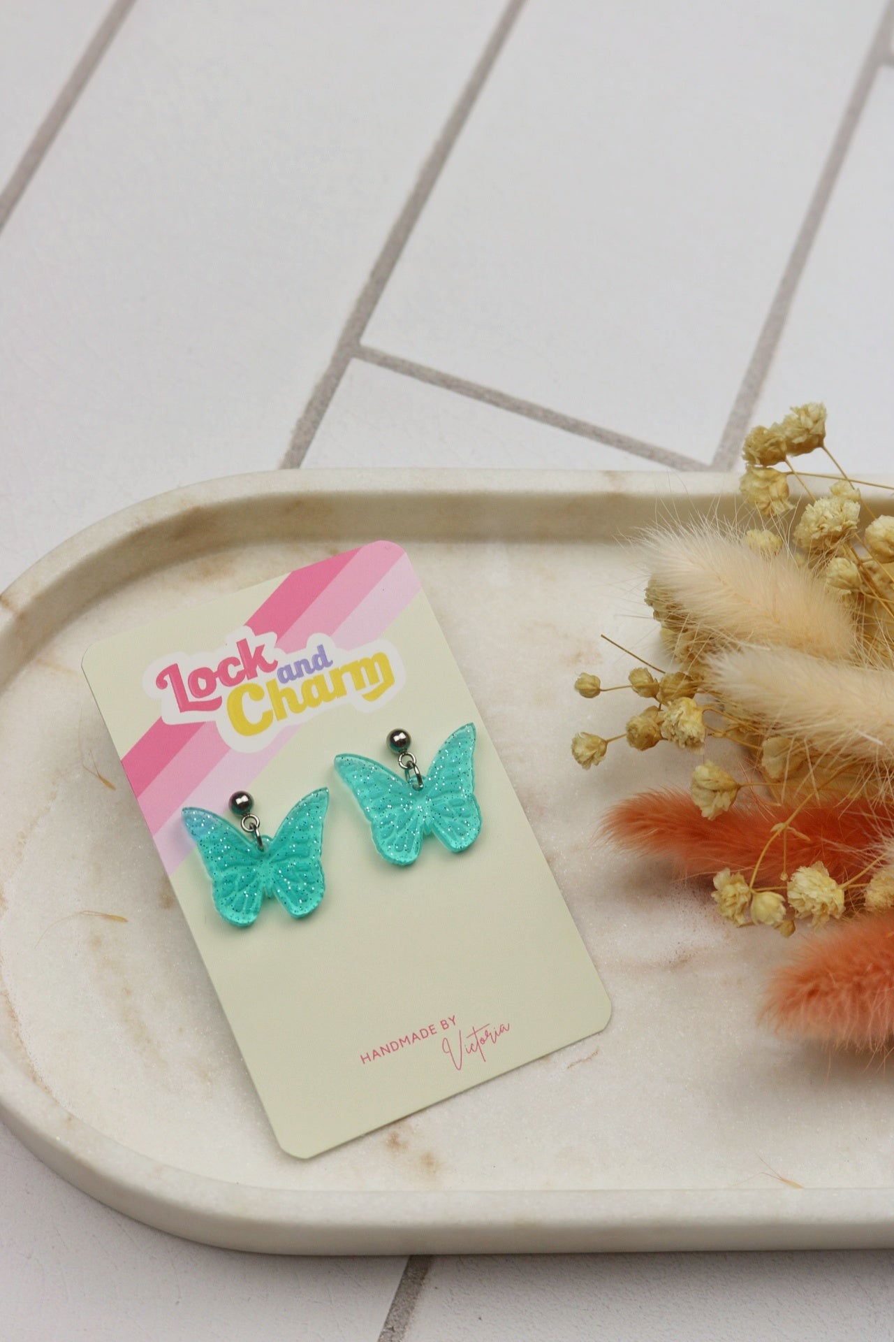 Blue Glitter Sparkly Acrylic Butterfly Earrings