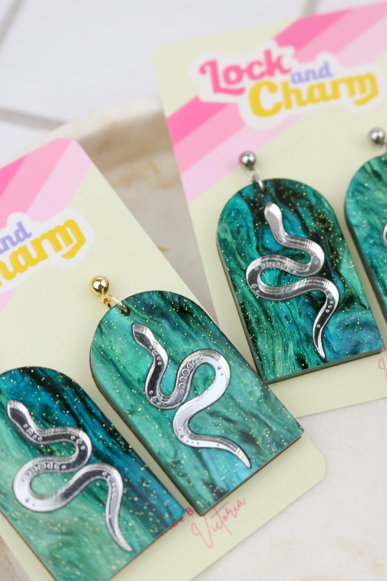 Blue Marbled Acrylic Statement Snake Arch Earrings