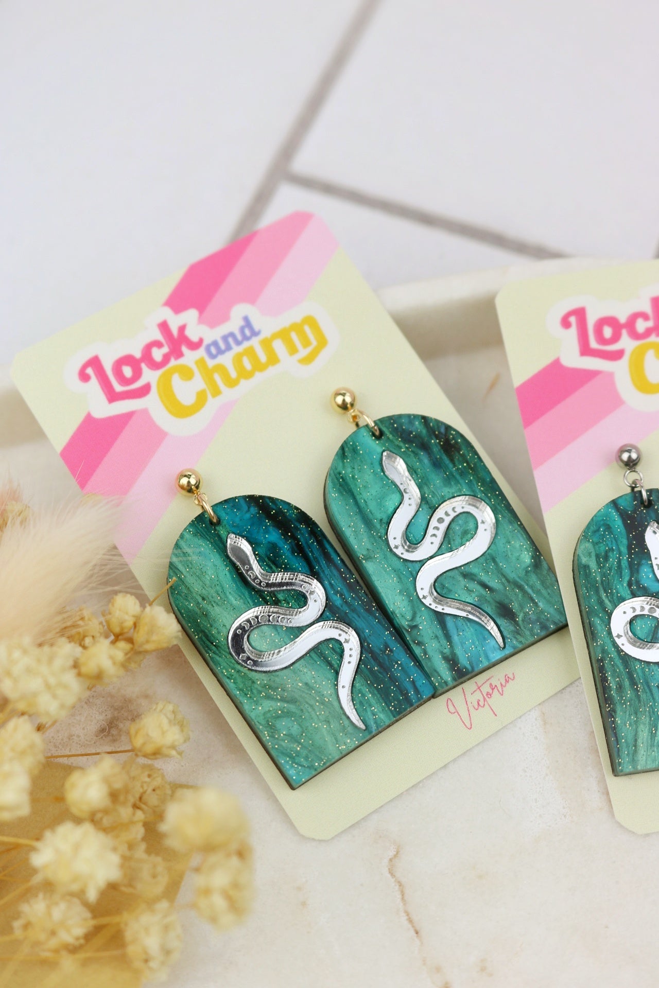 Blue Marbled Acrylic Statement Snake Arch Earrings