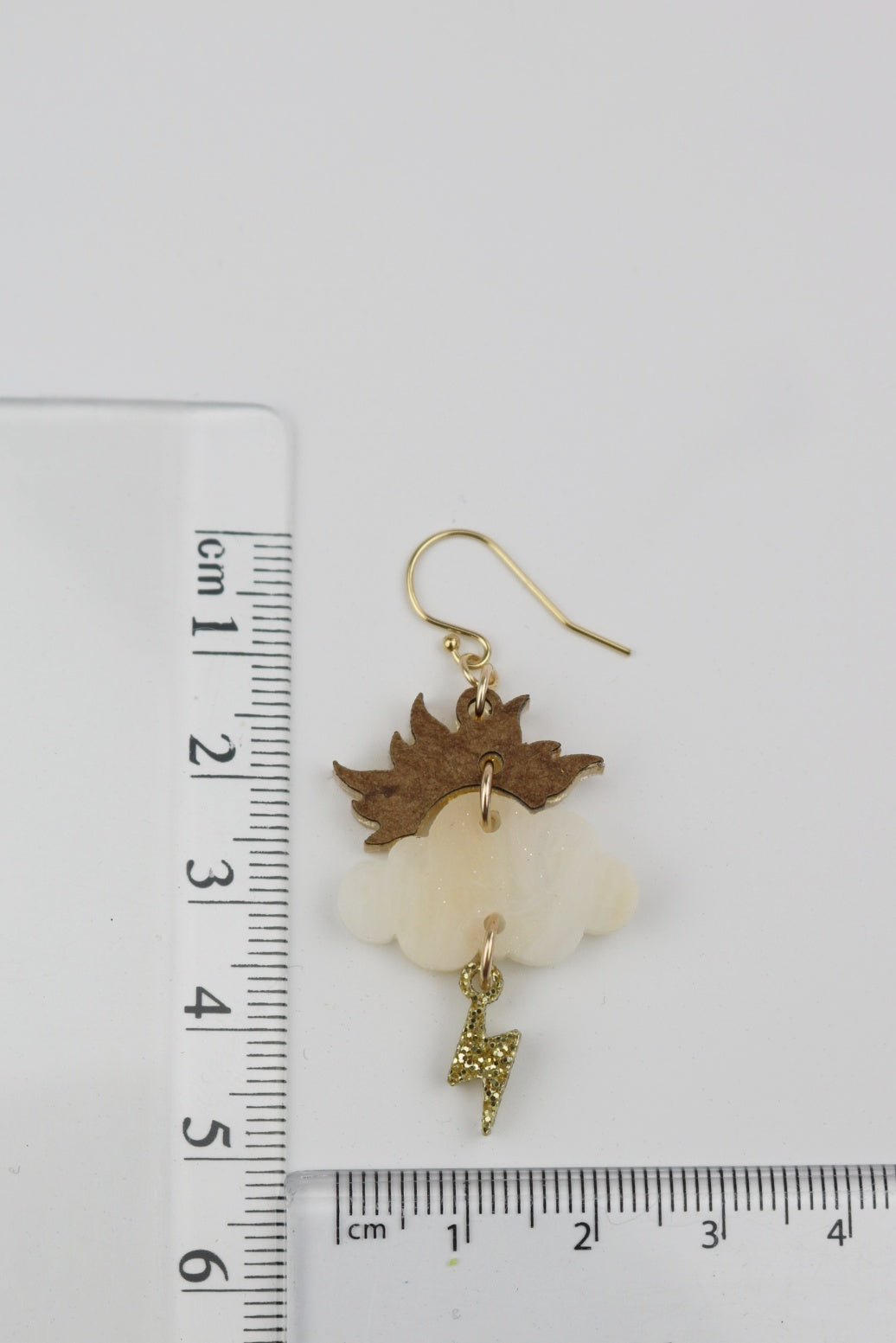 Gold Sun, Cloud and Lightning Bolt 3 Tier Acrylic Earrings