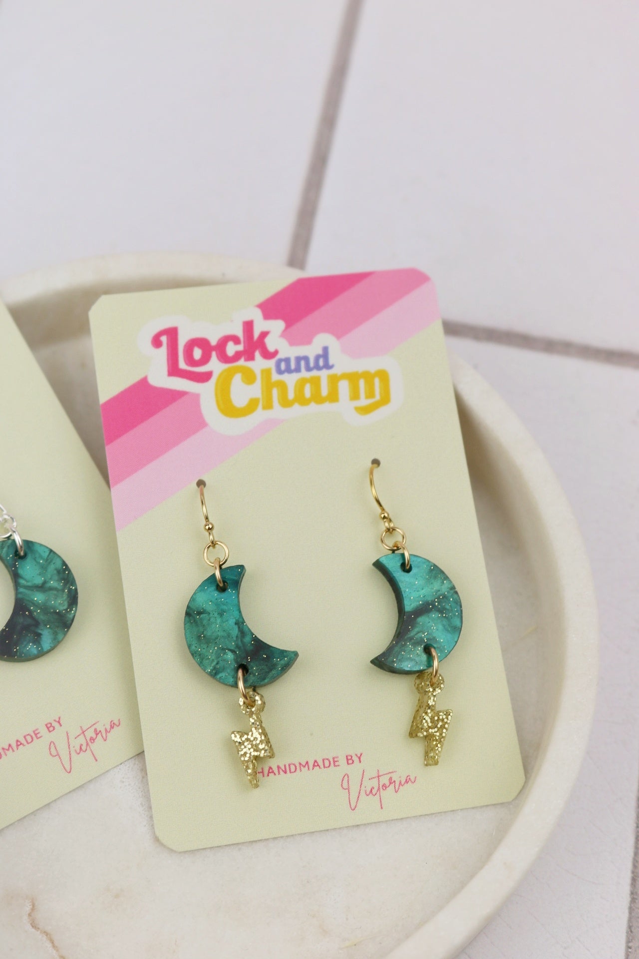 Blue Marbled Moon with Lightning Bolt Acrylic Earrings