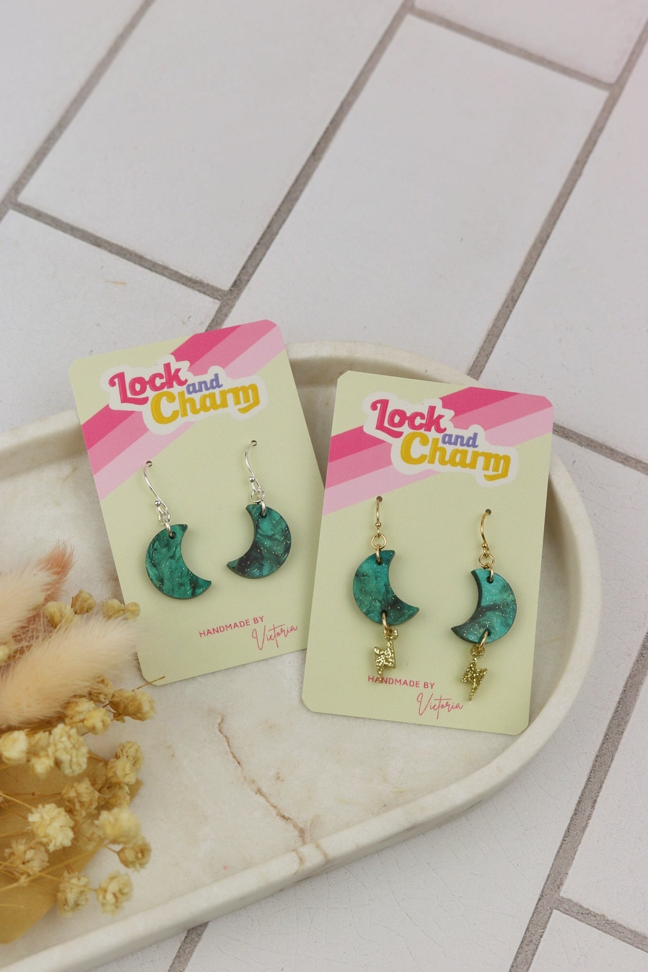 Blue Marbled Moon with Lightning Bolt Acrylic Earrings