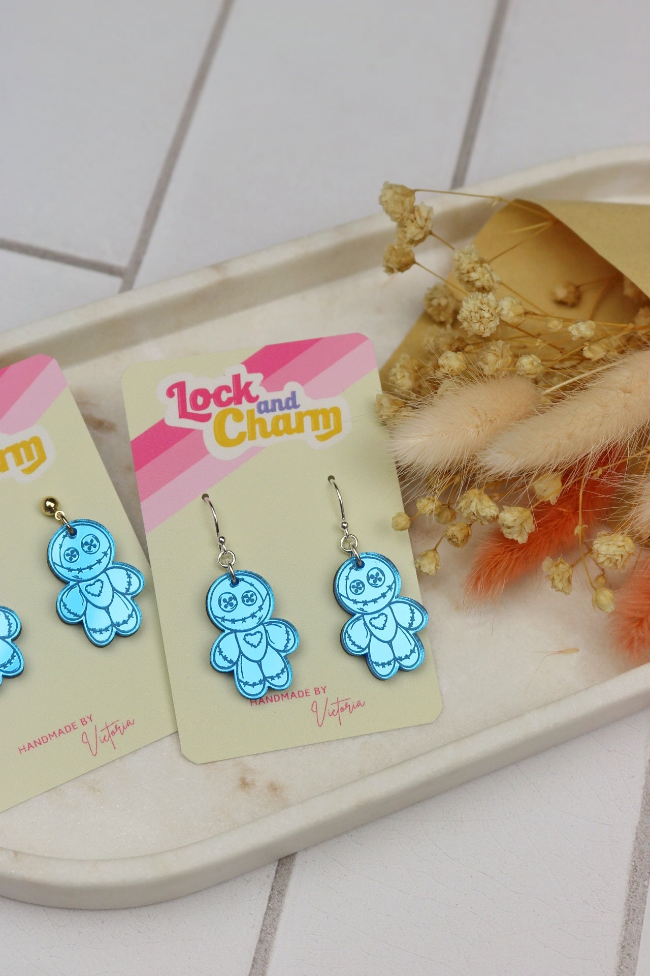 Blue Spooky Doll Mirrored Acrylic Halloween Earrings