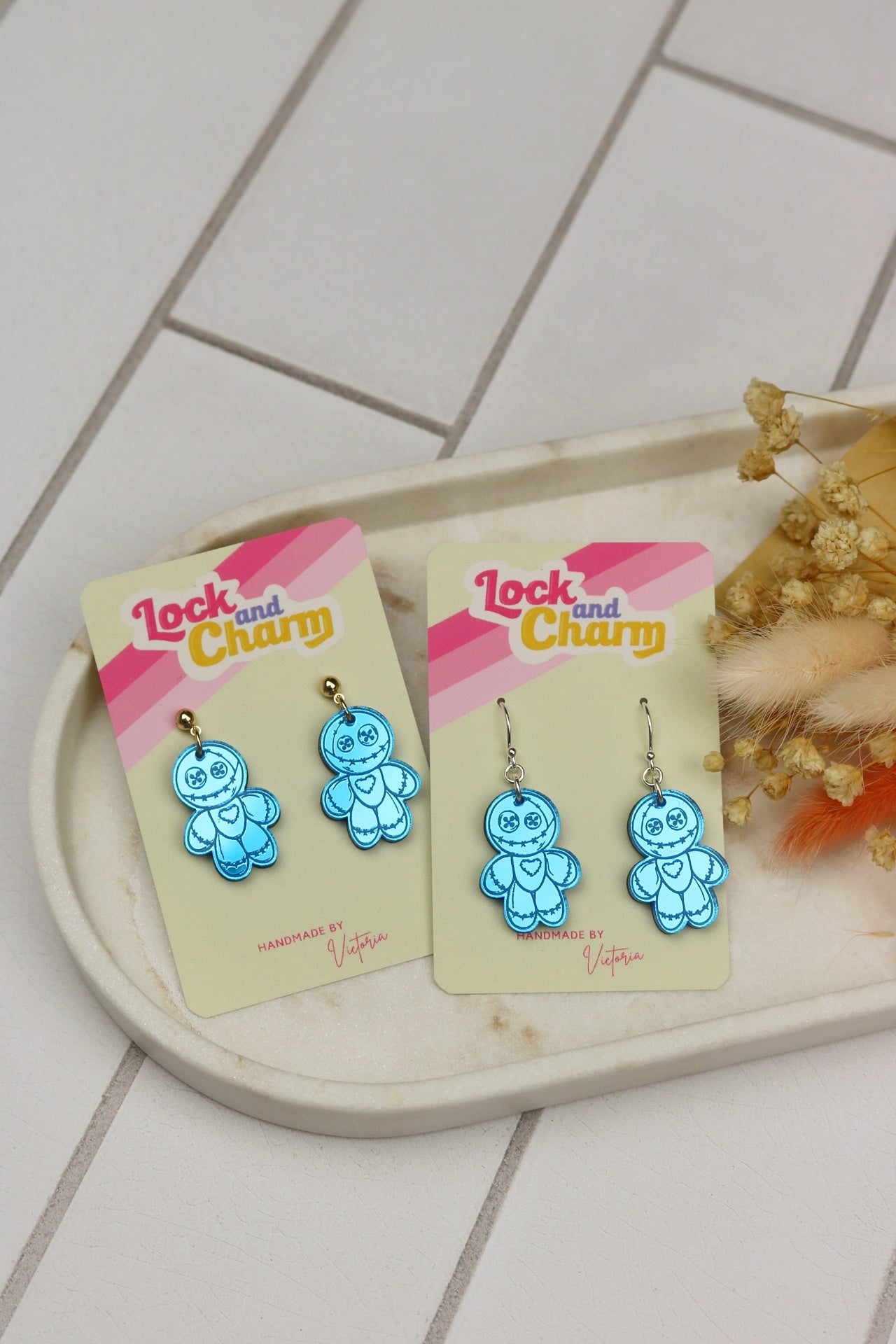 Blue Spooky Doll Mirrored Acrylic Halloween Earrings