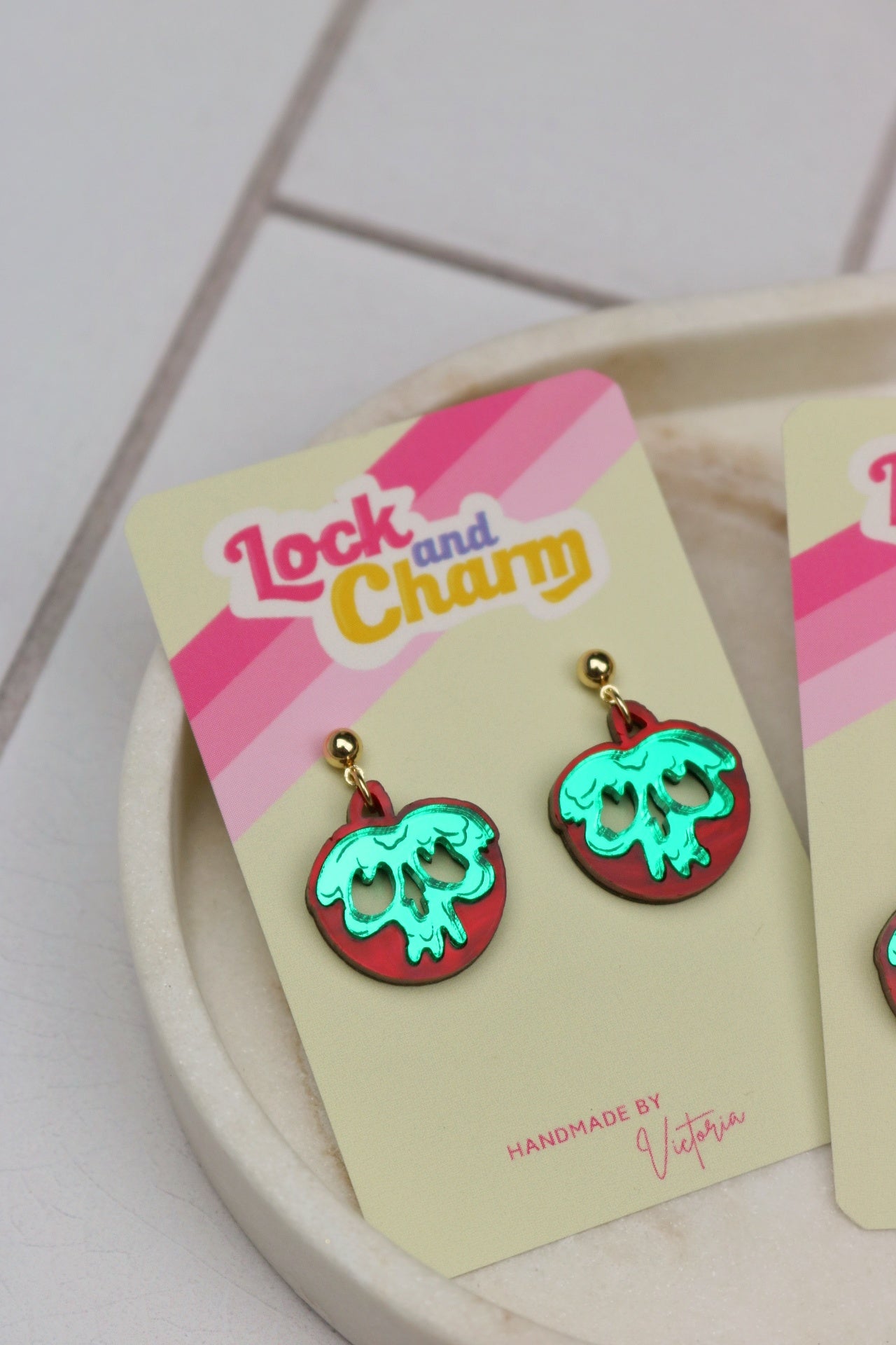 Poison Apple Green and Red Acrylic Halloween Earrings