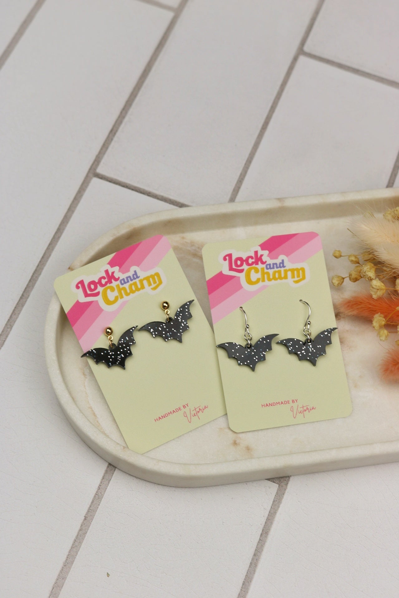 Black Sparkly Acrylic Bat Halloween Earrings
