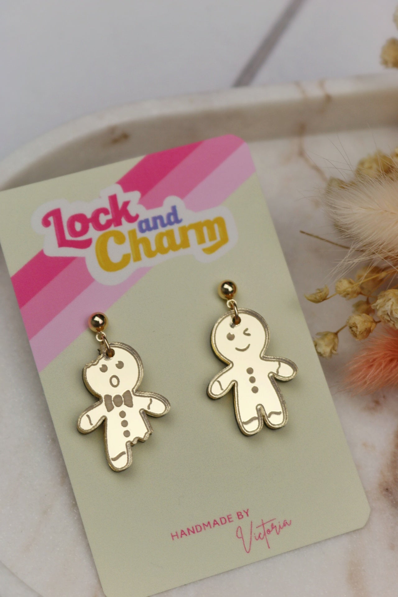 Gold Acrylic Gingerbread Men Earrings