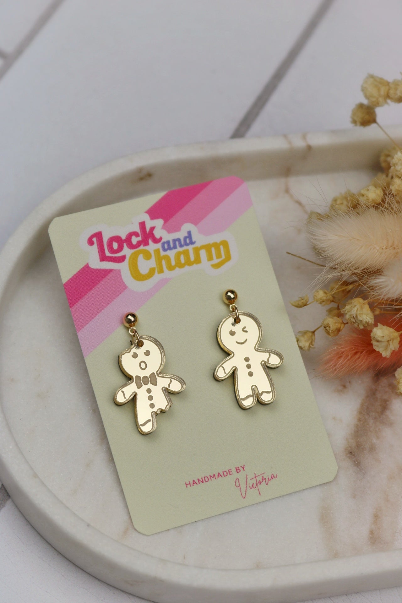 Gold Acrylic Gingerbread Men Earrings
