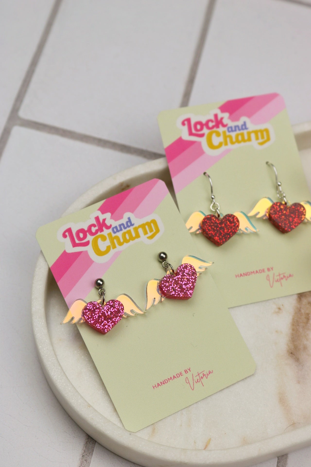 Iridescent Flying Wing Love Heart Acrylic Earrings