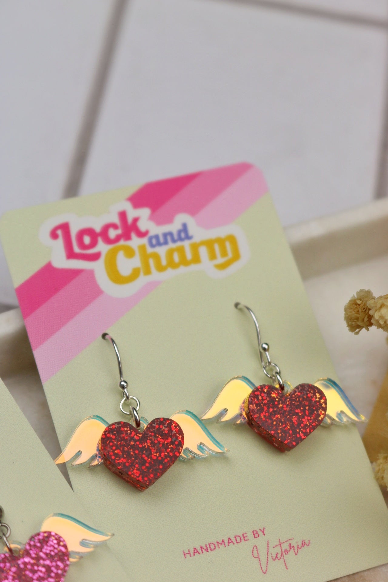 Iridescent Flying Wing Love Heart Acrylic Earrings