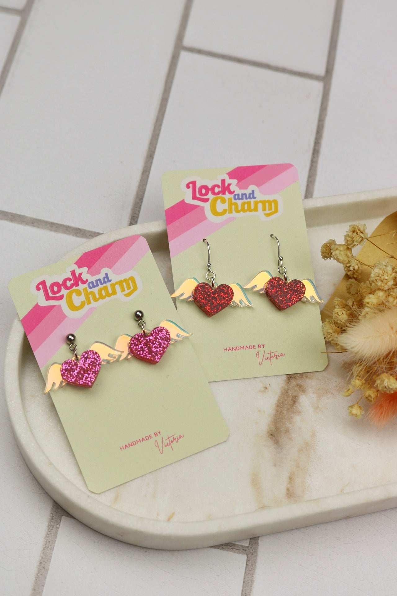 Iridescent Flying Wing Love Heart Acrylic Earrings