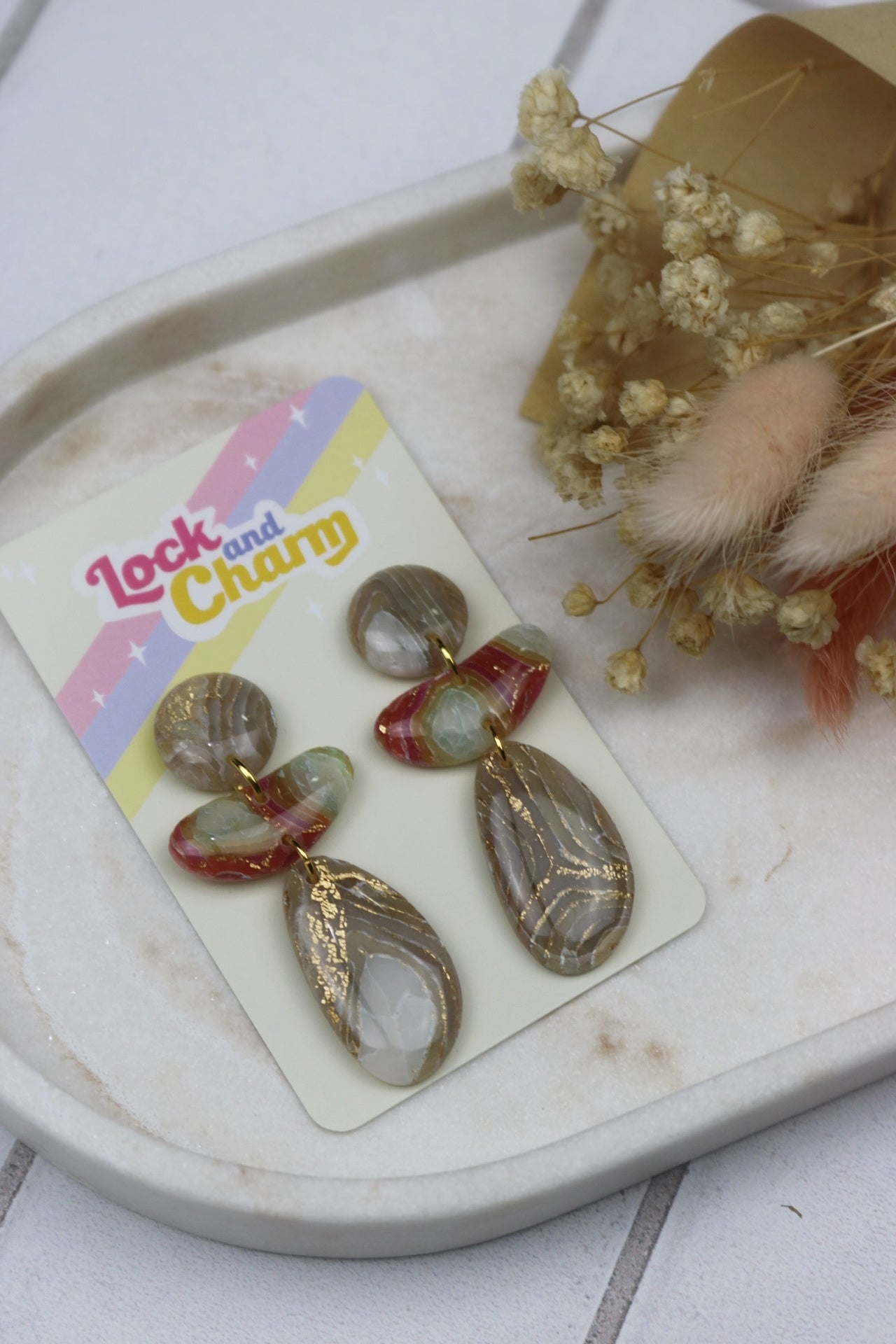 Gold & Red 3 Tier Oval Agates