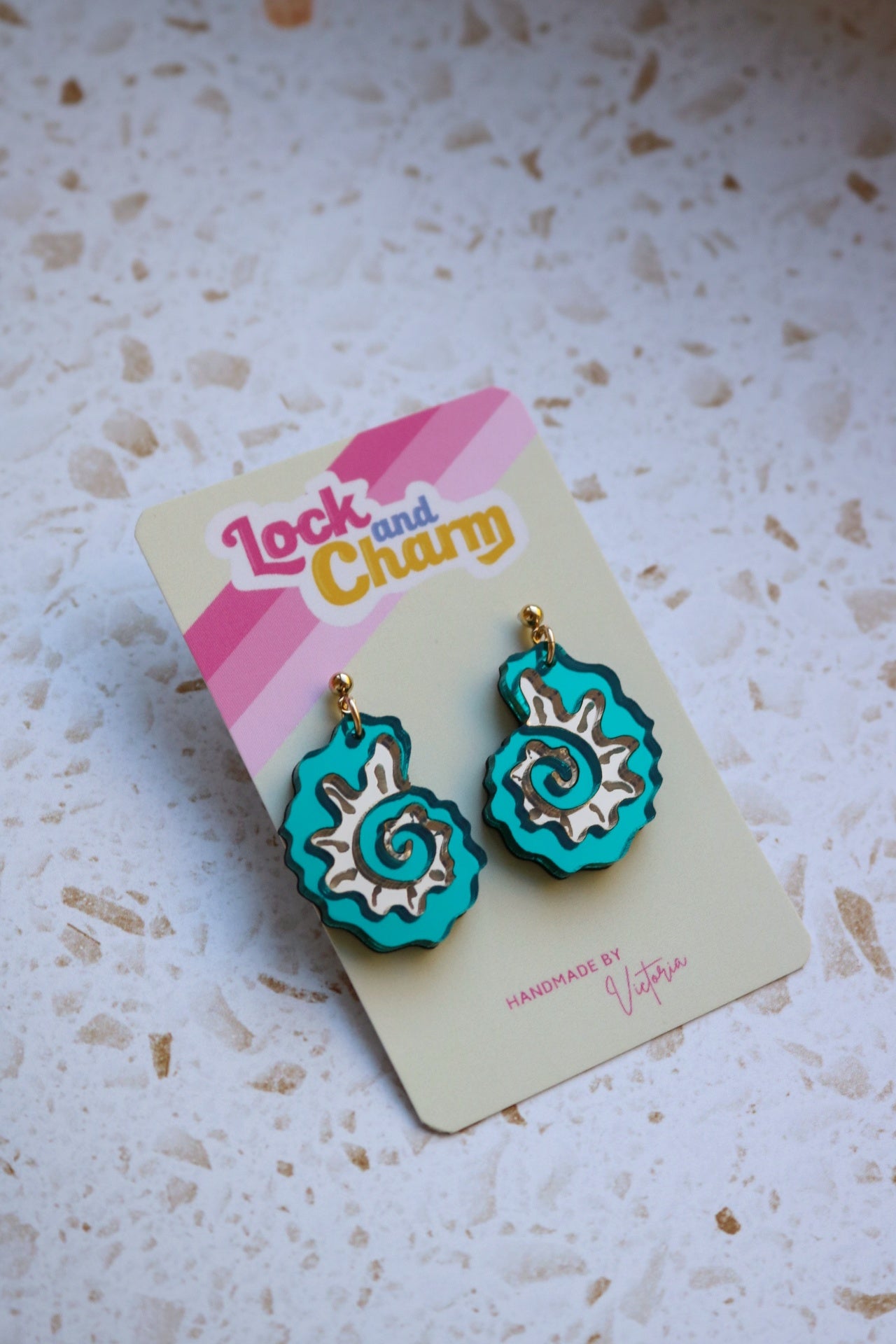 Teal and Gold Mirrored Acrylic Fossil Shell Earrings