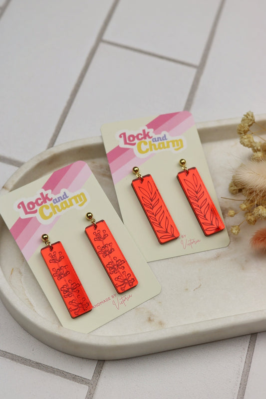 Red Engraved Flower Earrings