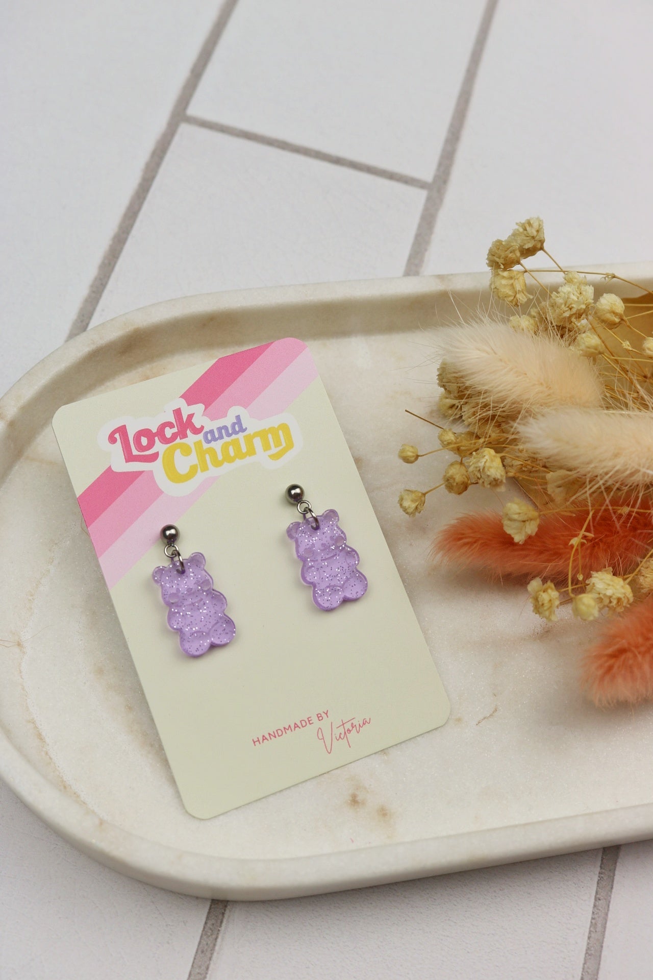 Purple Glitter Sparkly Acrylic Jelly Bear Earrings
