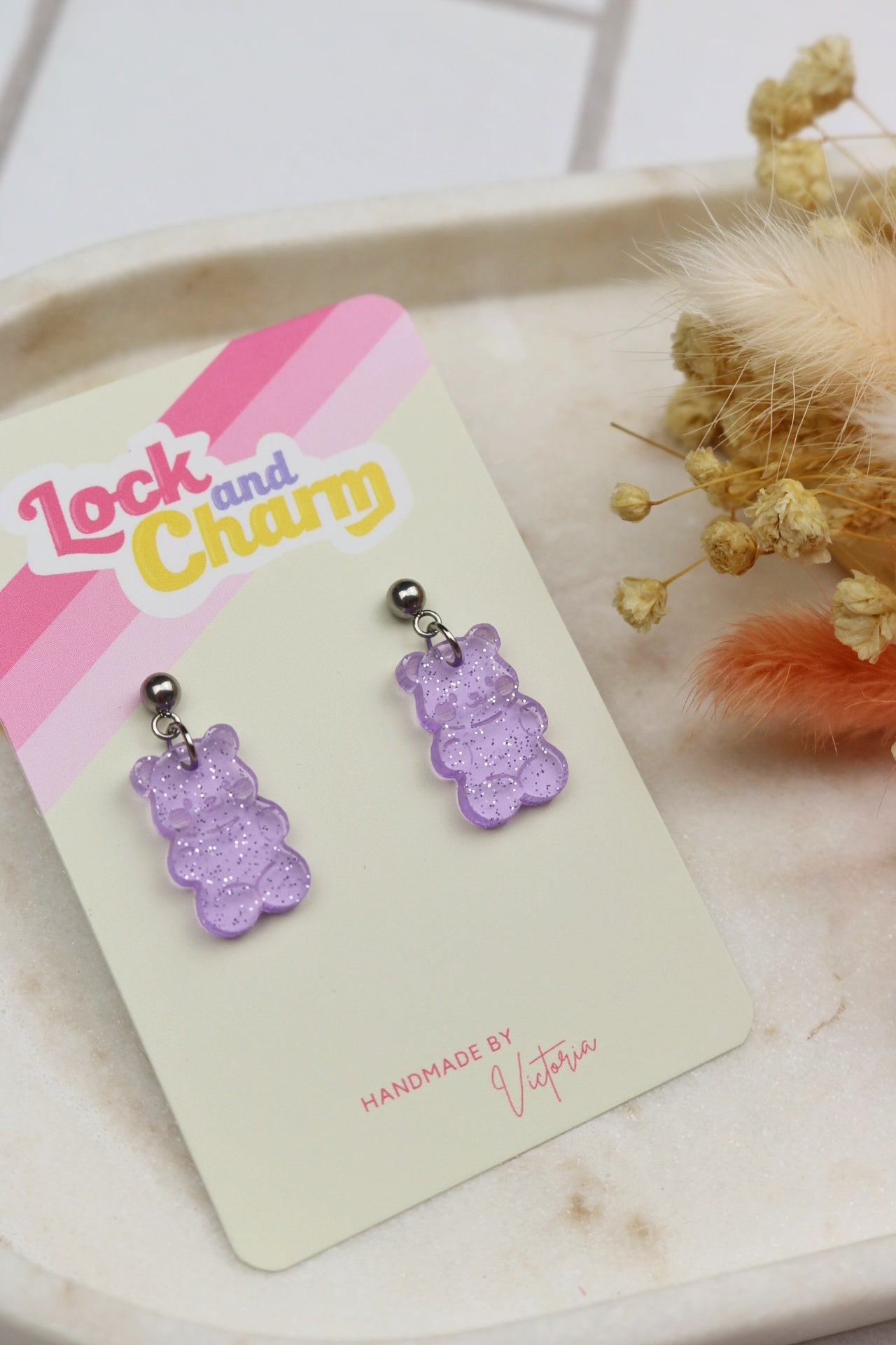 Purple Glitter Sparkly Acrylic Jelly Bear Earrings