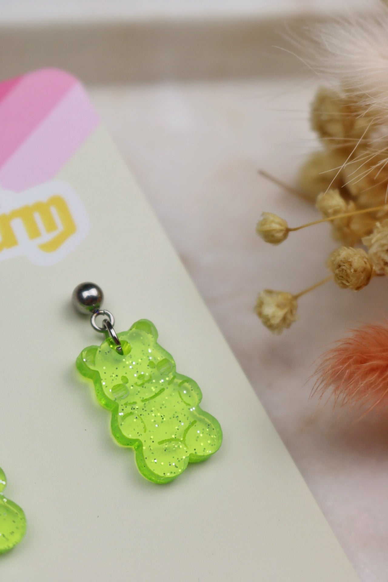 Green Glitter Sparkly Acrylic Jelly Bear Earrings