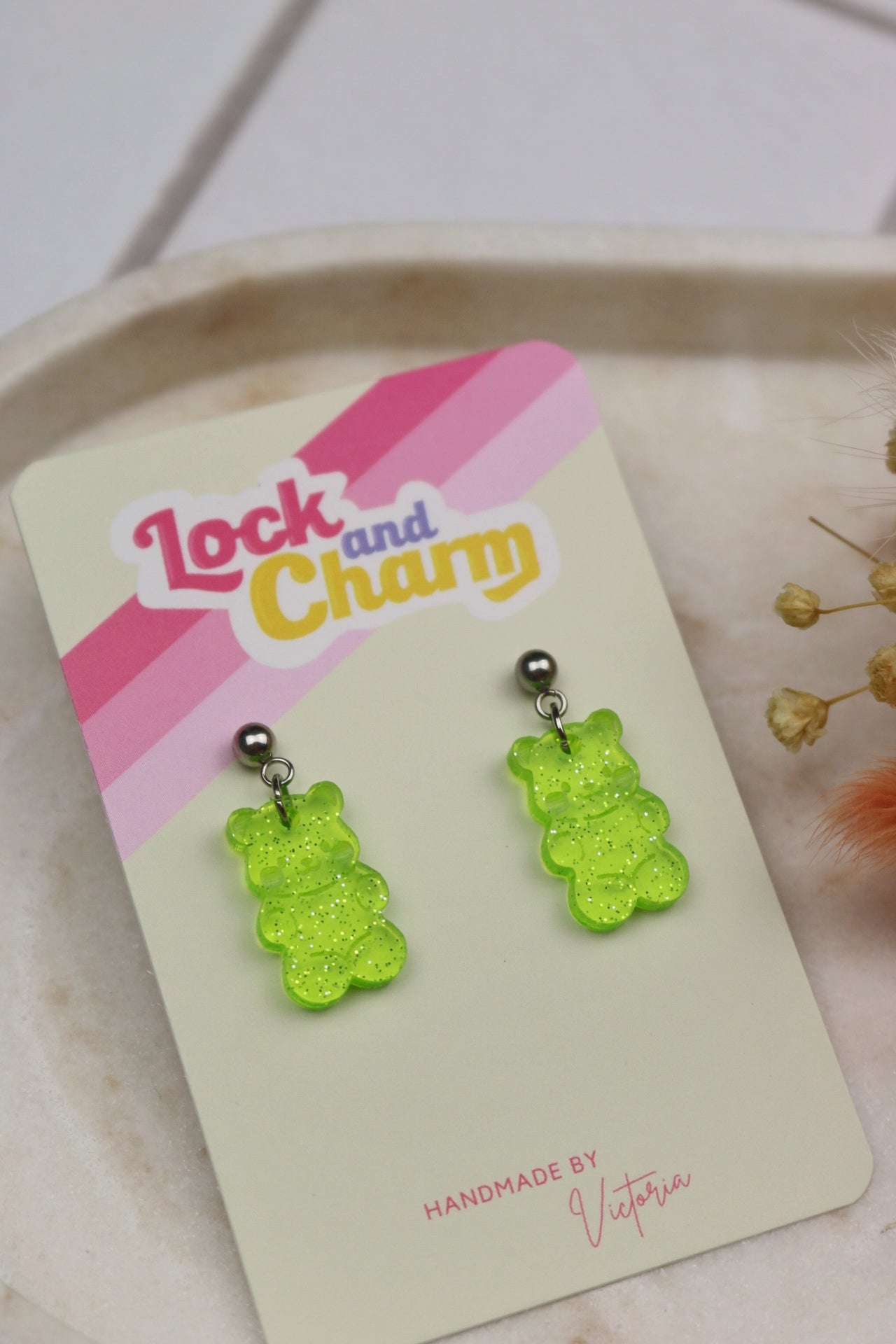 Green Glitter Sparkly Acrylic Jelly Bear Earrings