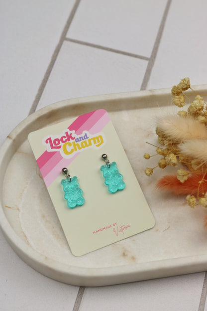 Blue Glitter Sparkly Acrylic Jelly Bear Earrings
