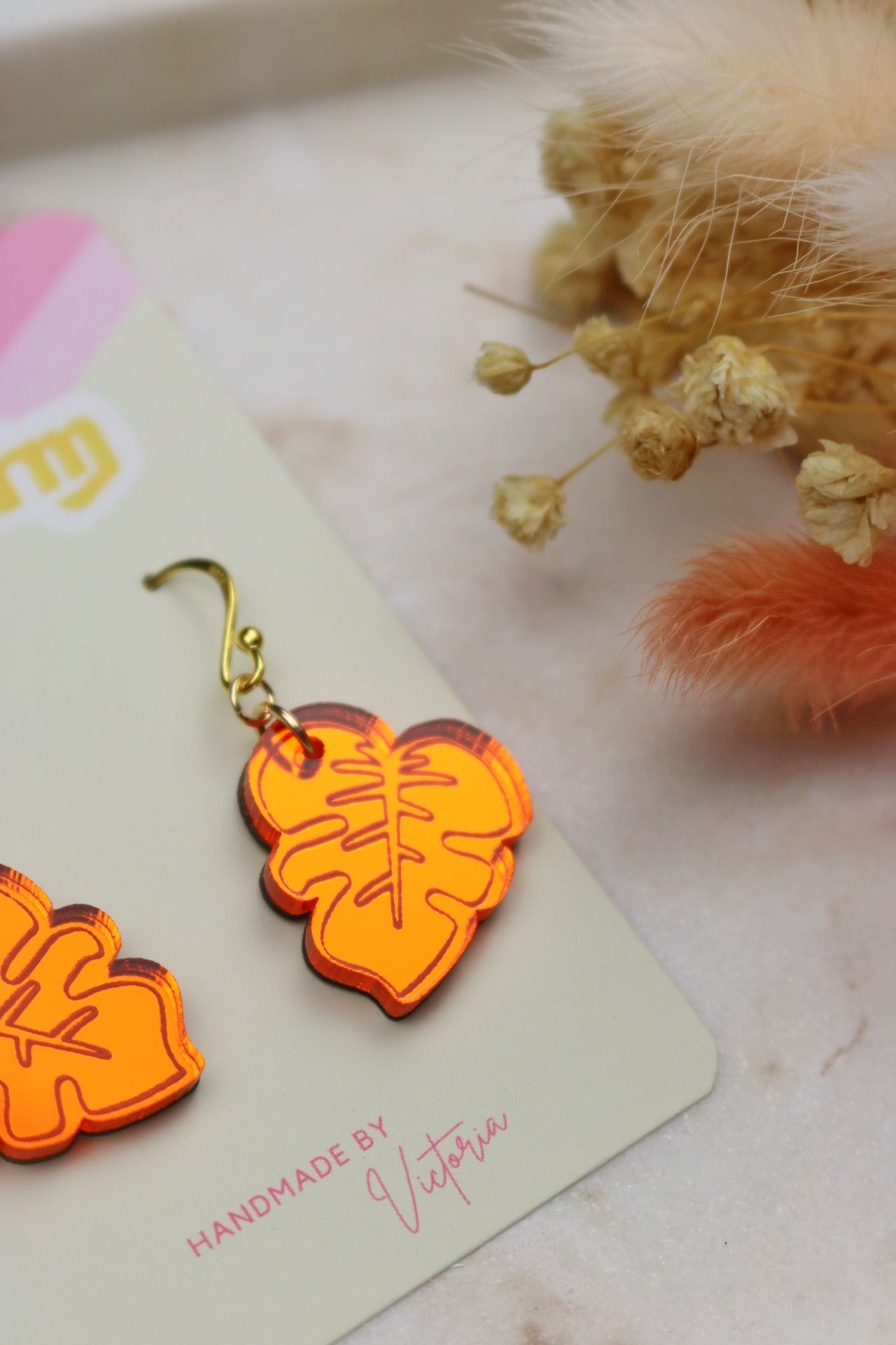 Orange Monstera Leaf Acrylic Earrings