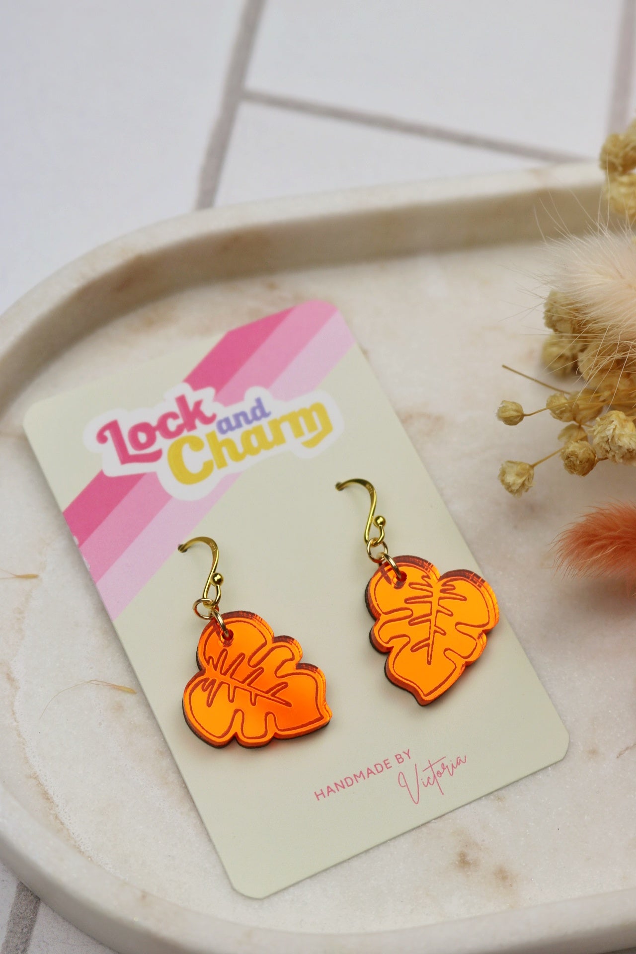 Orange Monstera Leaf Acrylic Earrings