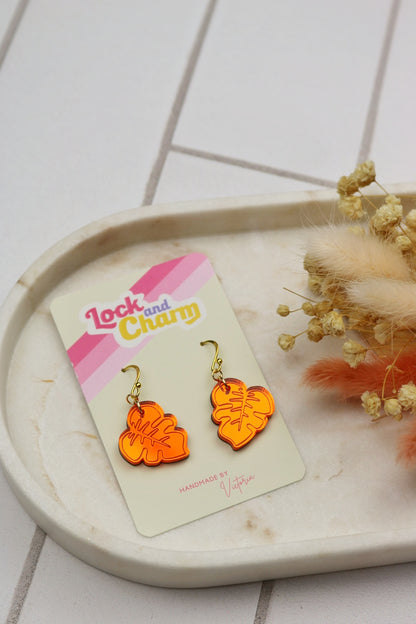Orange Monstera Leaf Acrylic Earrings