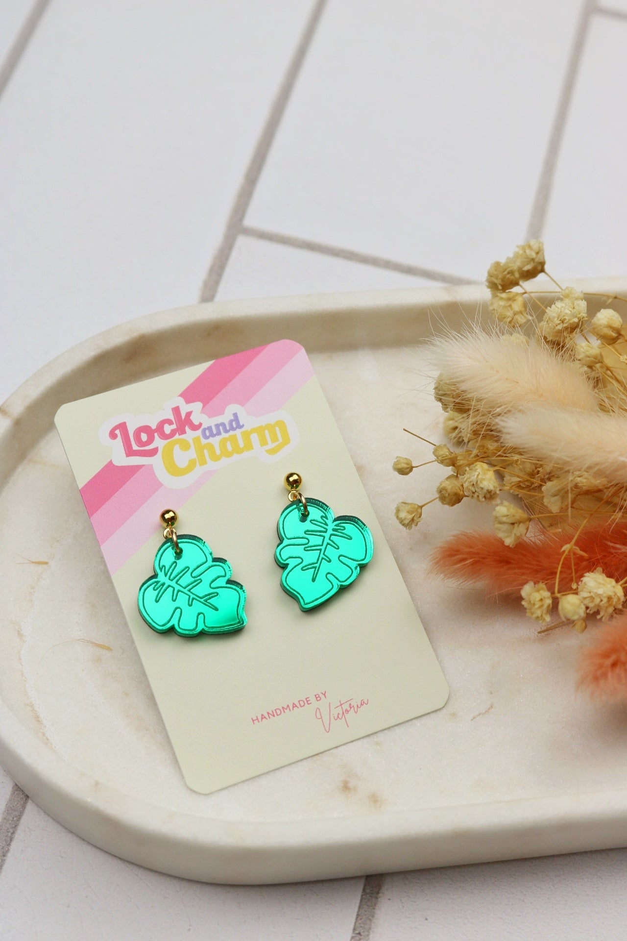 Green Monstera Leaf Acrylic Earrings