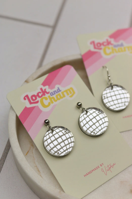 Disco Ball Silver Acrylic Earrings