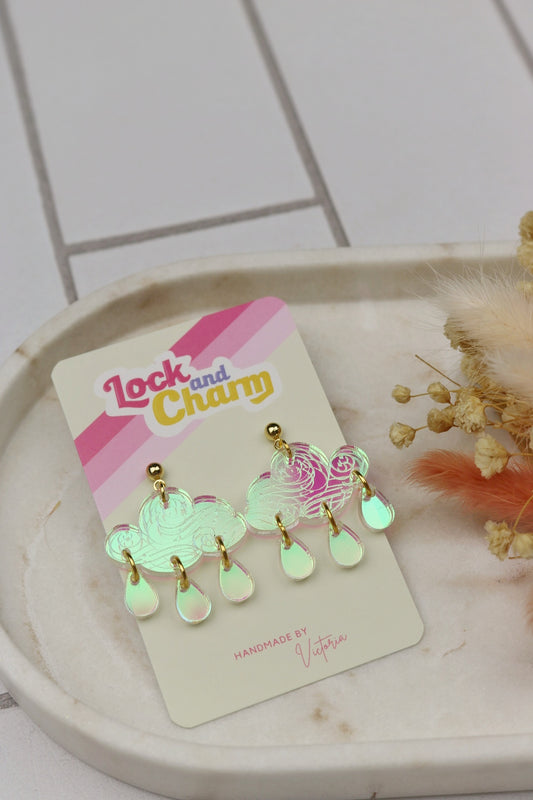 Swirly Night Sky Iridescent Cloud Earrings with Droplets