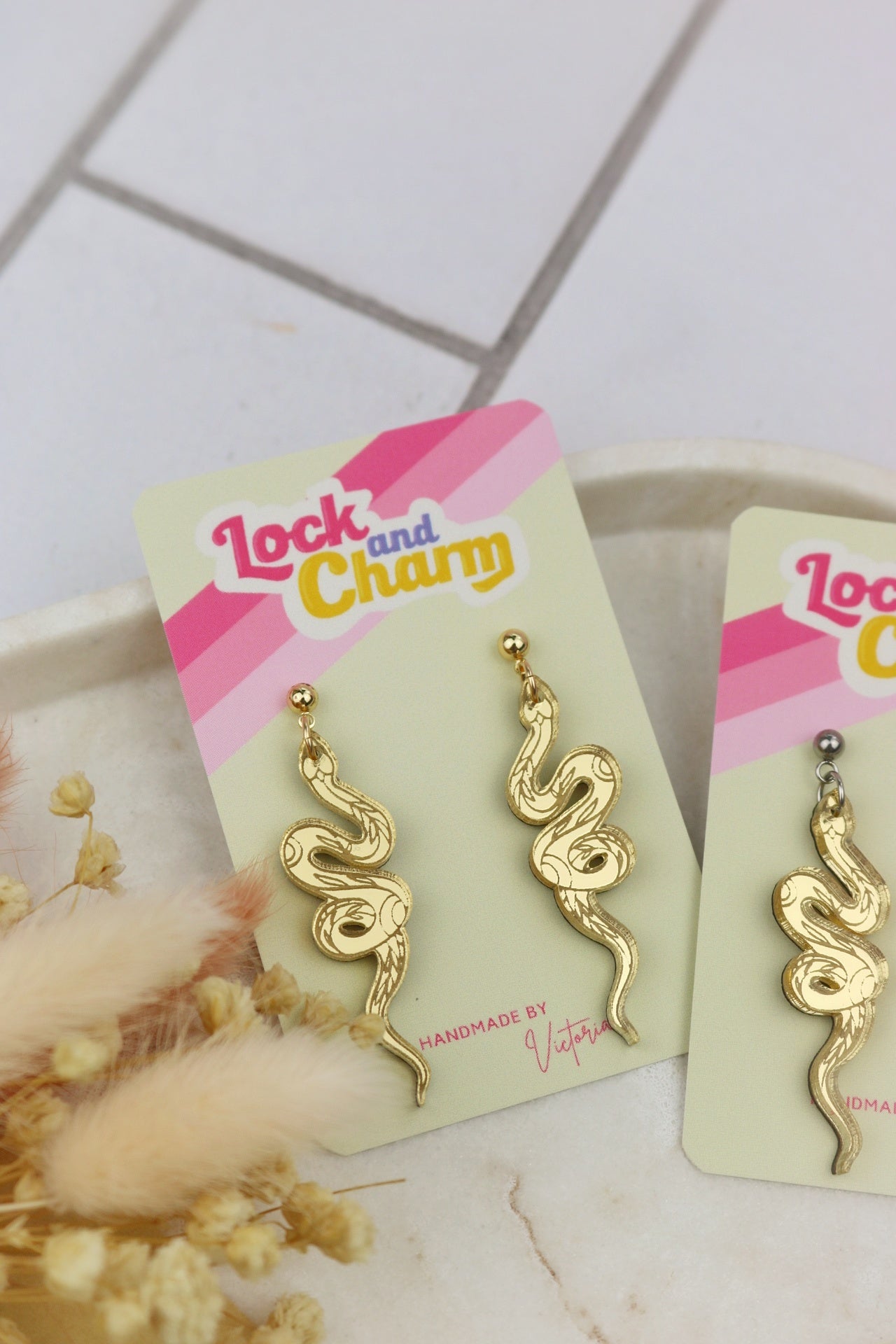 Gold Acrylic Snake Earrings