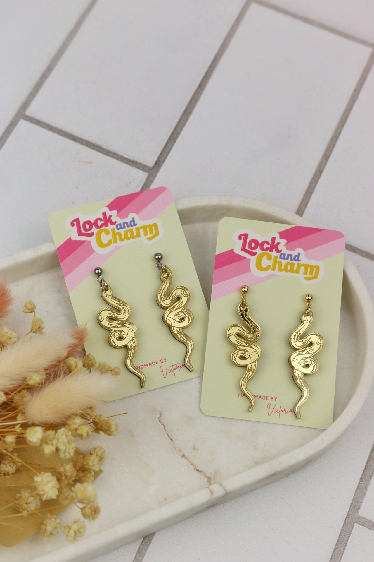 Gold Acrylic Snake Earrings