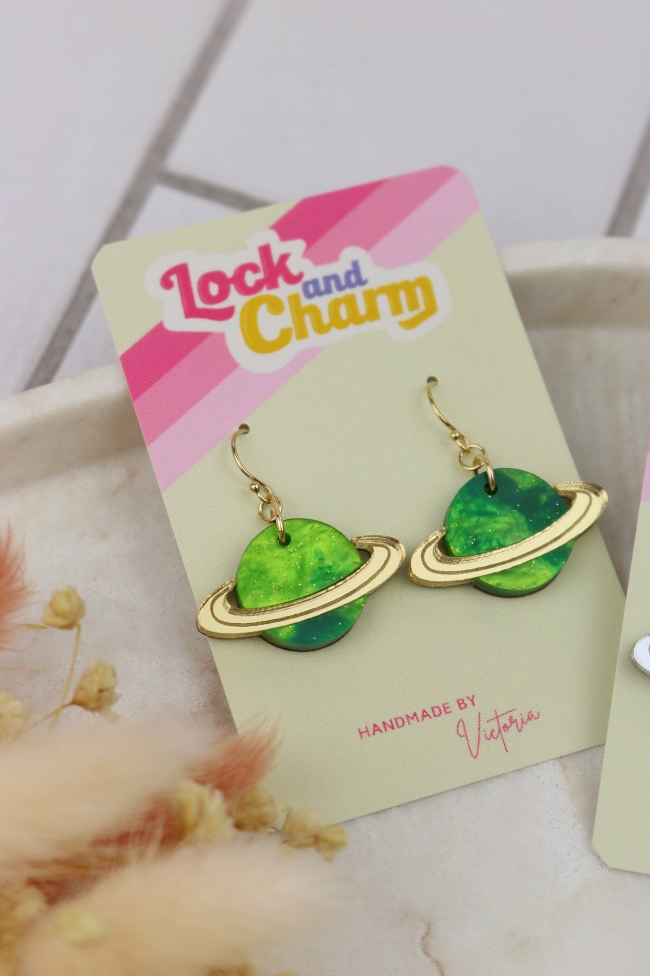 Green Marbled Planet Acrylic Earrings