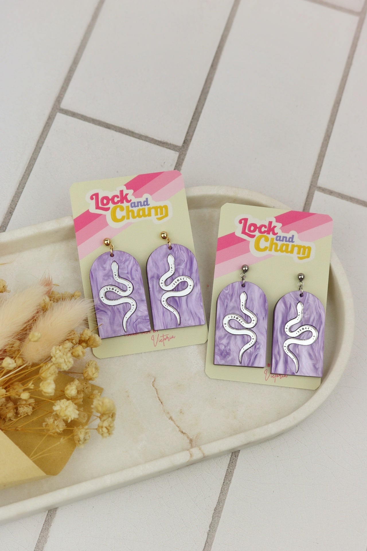 Purple Marbled Acrylic Statement Snake Arch Earrings