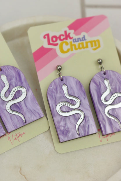 Purple Marbled Acrylic Statement Snake Arch Earrings