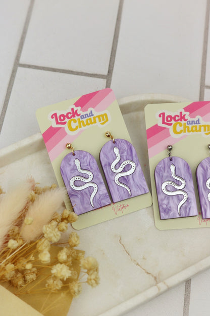 Purple Marbled Acrylic Statement Snake Arch Earrings