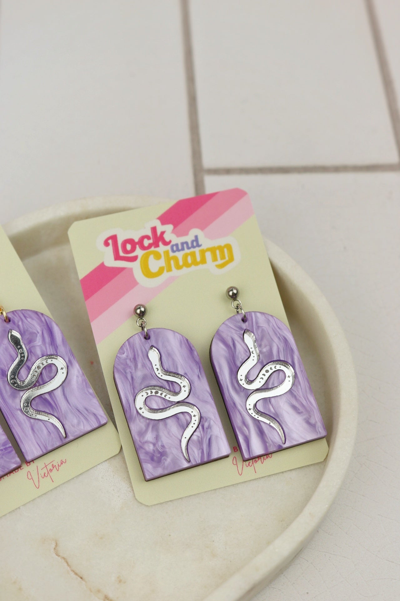 Purple Marbled Acrylic Statement Snake Arch Earrings