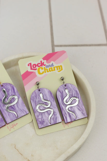 Purple Marbled Acrylic Statement Snake Arch Earrings