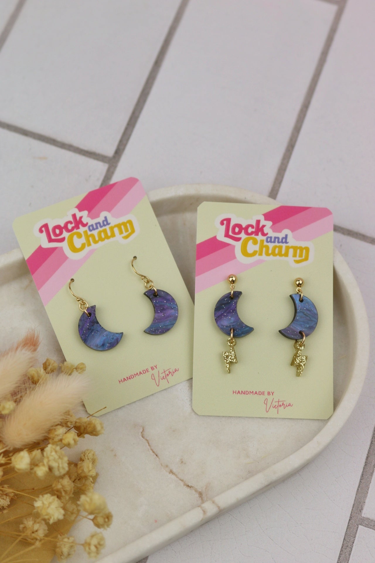 Purple Marbled Moon with Lightning Bolt Acrylic Earrings