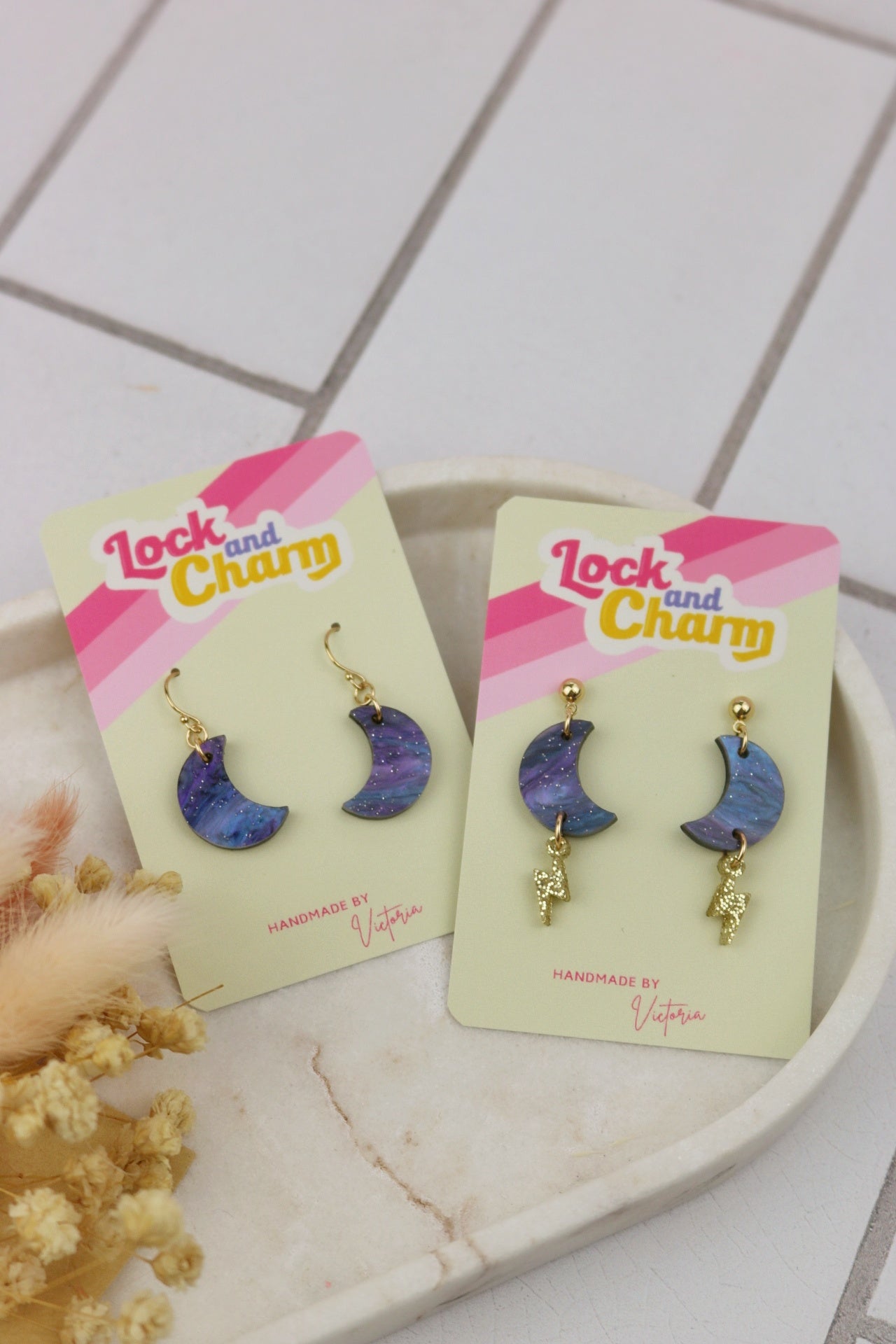 Purple Marbled Moon with Lightning Bolt Acrylic Earrings