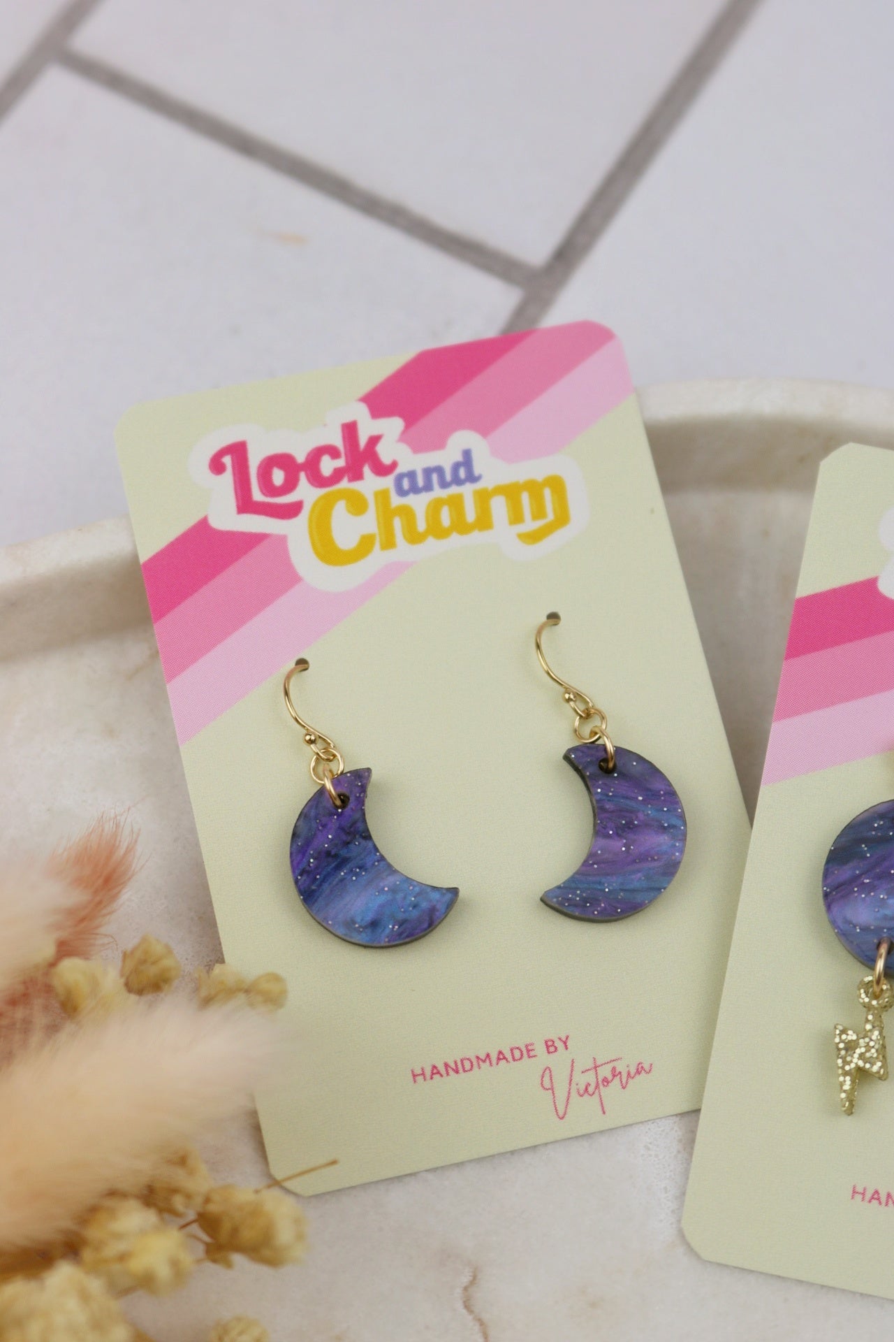 Purple Marbled Moon with Lightning Bolt Acrylic Earrings