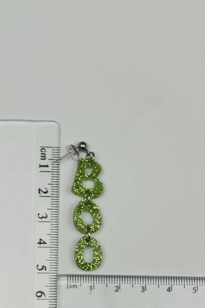Pink and Green Sparkly BOO Acrylic Halloween Earrings