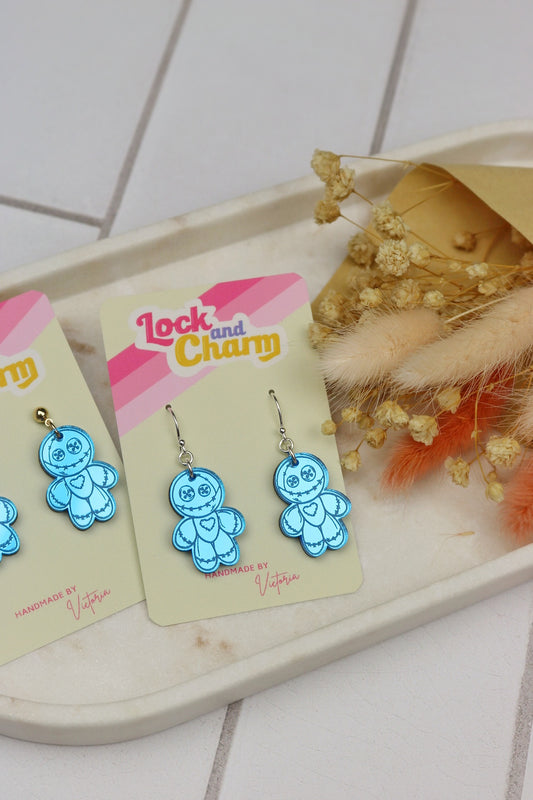 Blue Spooky Doll Mirrored Acrylic Halloween Earrings