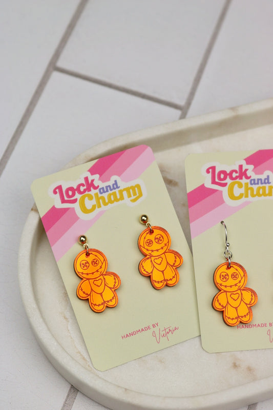 Orange Spooky Doll Mirrored Acrylic Halloween Earrings