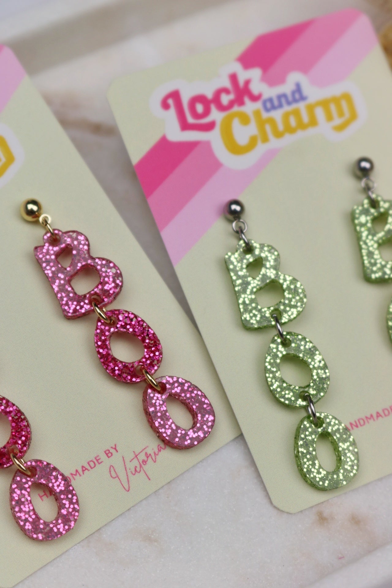 Pink and Green Sparkly BOO Acrylic Halloween Earrings