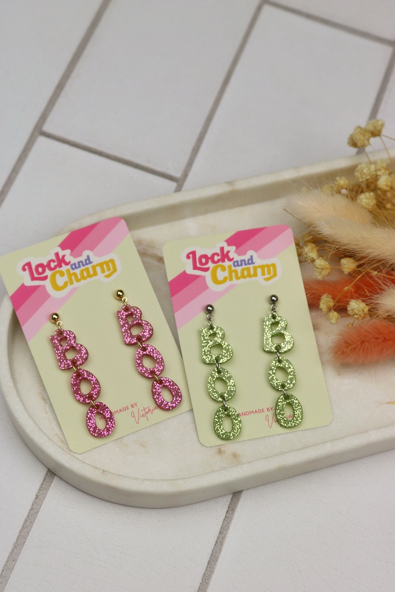 Pink and Green Sparkly BOO Acrylic Halloween Earrings