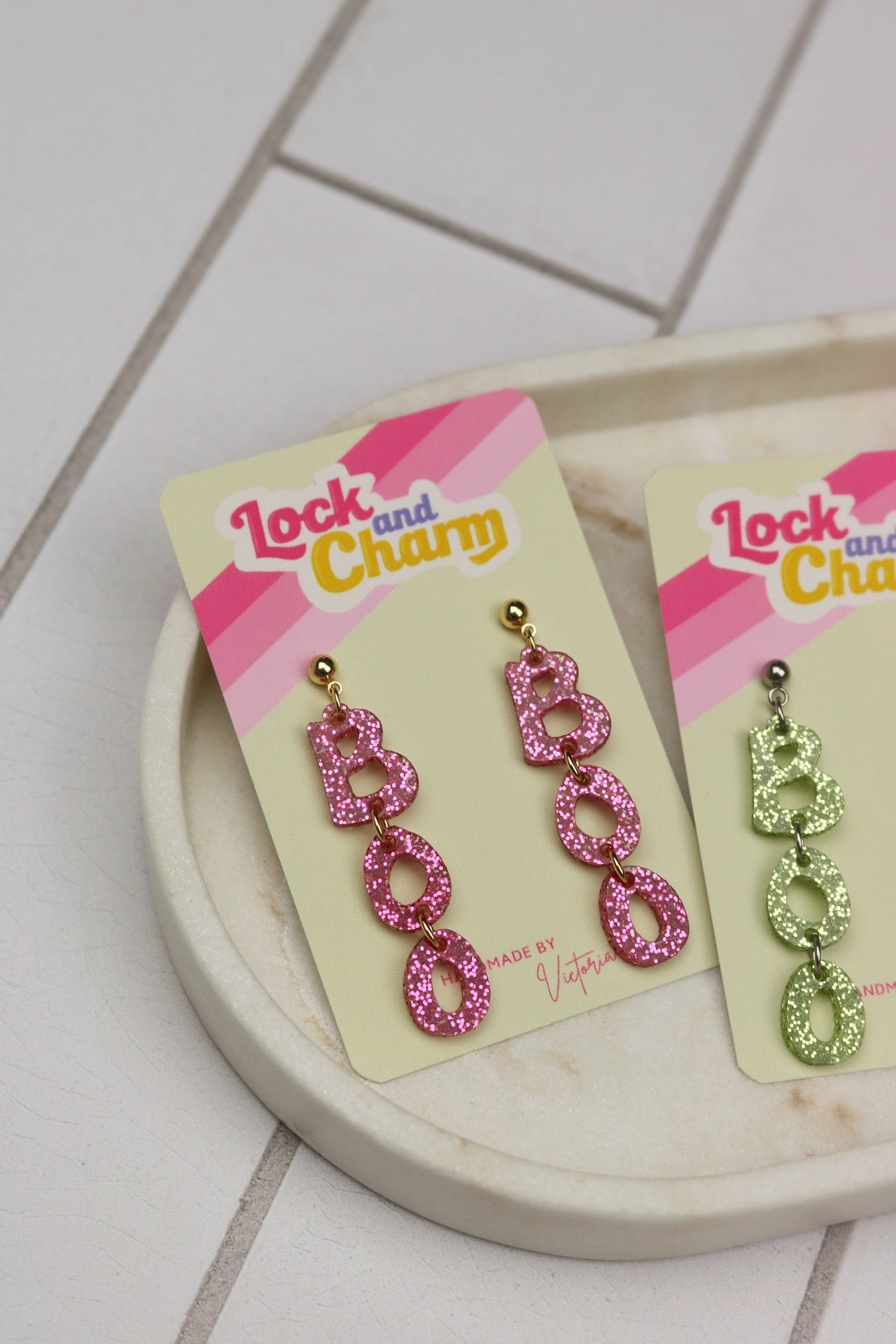 Pink and Green Sparkly BOO Acrylic Halloween Earrings