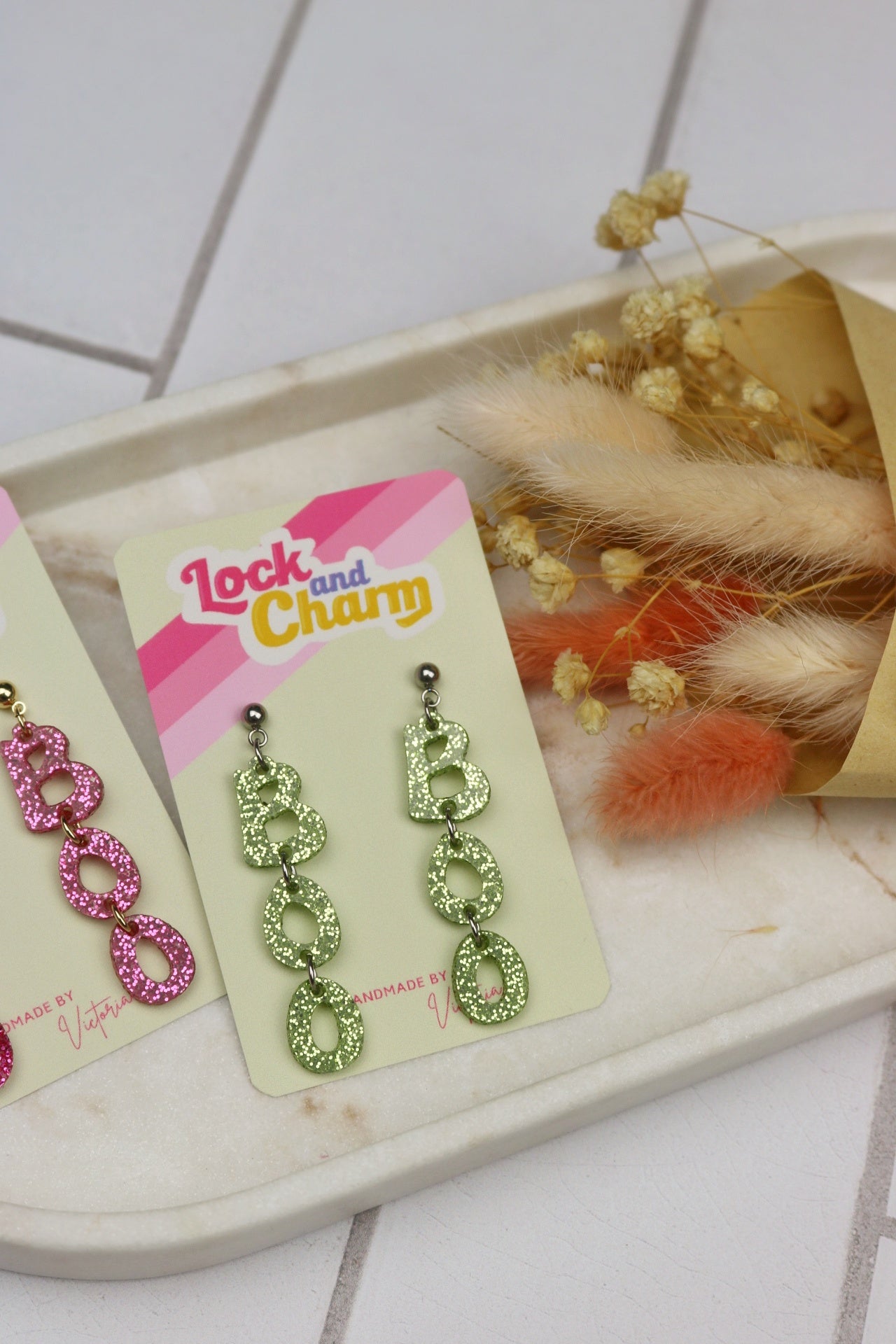 Pink and Green Sparkly BOO Acrylic Halloween Earrings
