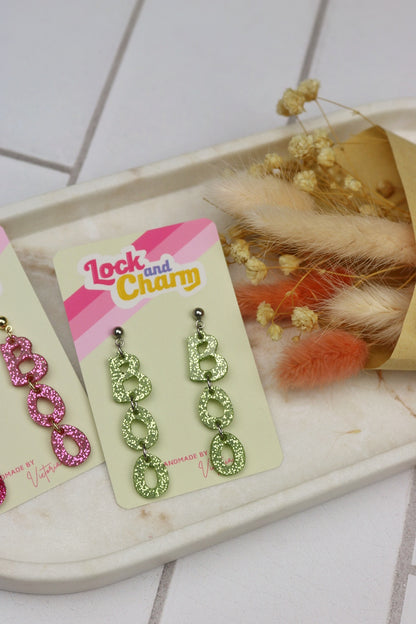 Pink and Green Sparkly BOO Acrylic Halloween Earrings