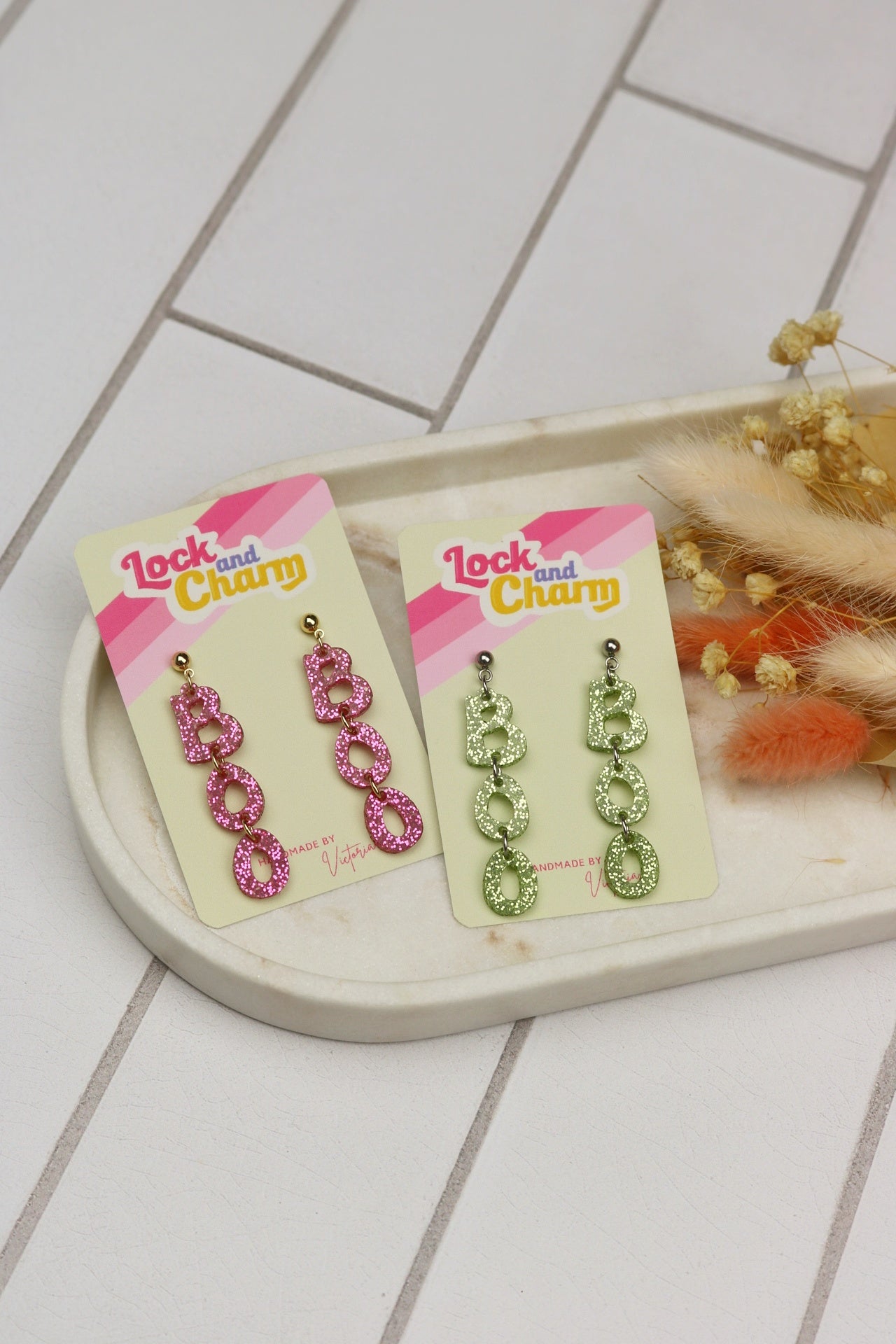 Pink and Green Sparkly BOO Acrylic Halloween Earrings